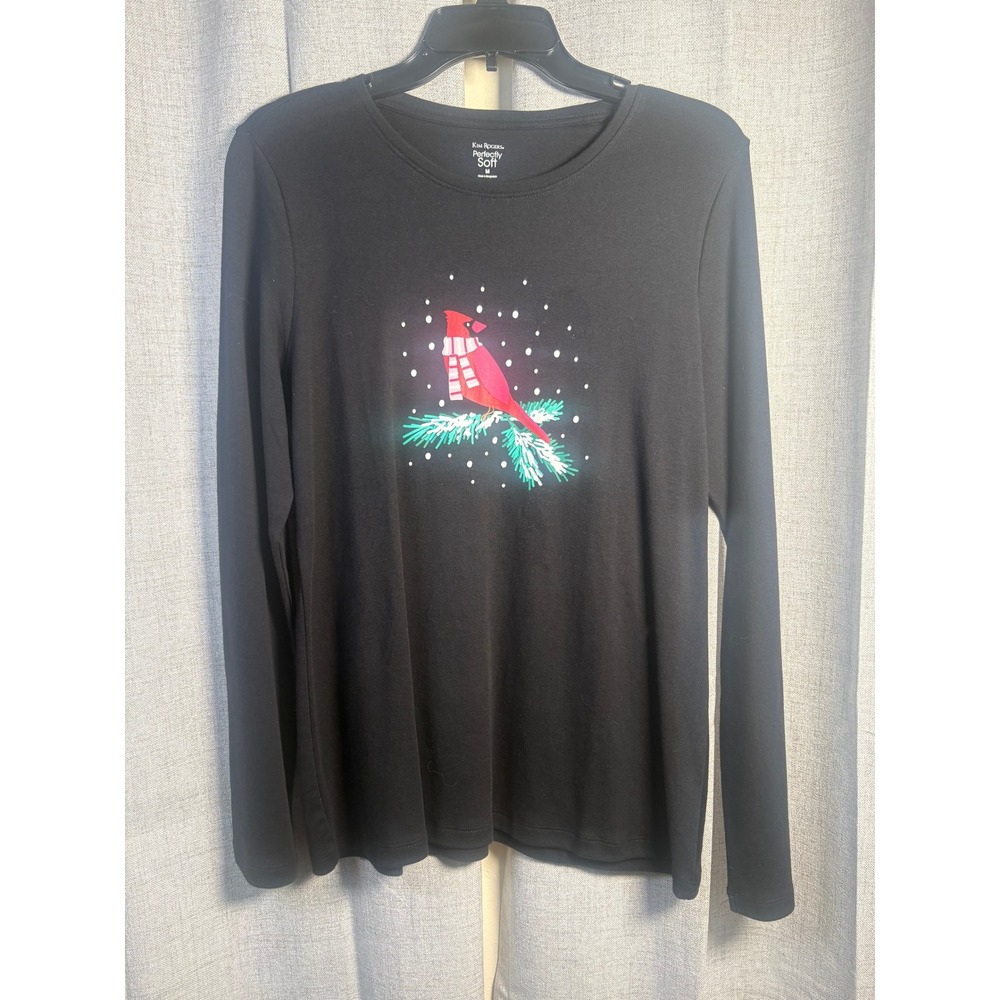 Kim Rogers Perfectly Soft Black Cardinal Graphic Tee Long Sleeve Cotton Medium